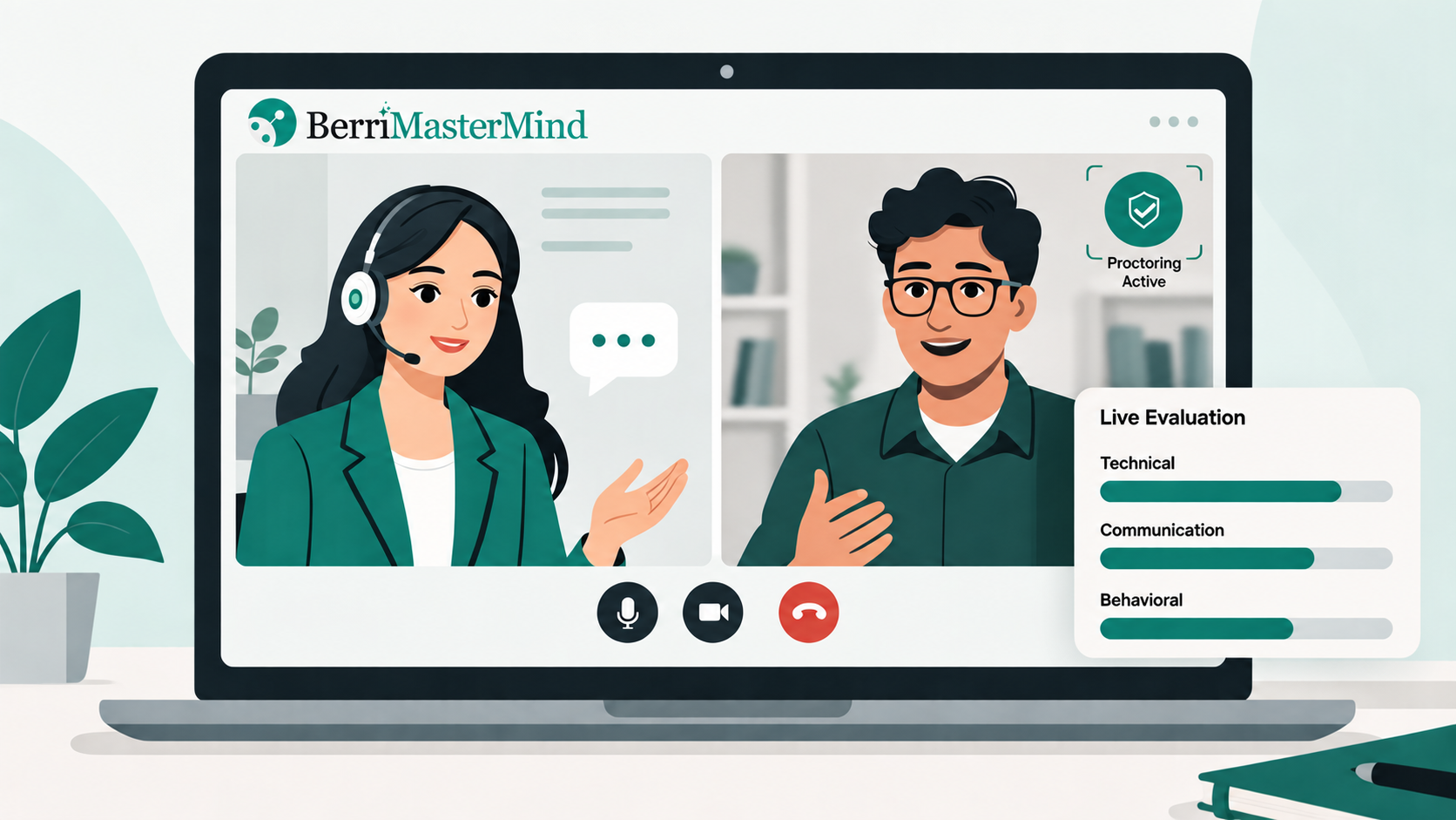 AI interviewing software evaluating candidates on technical, communication, and behavioral skills while proctoring.