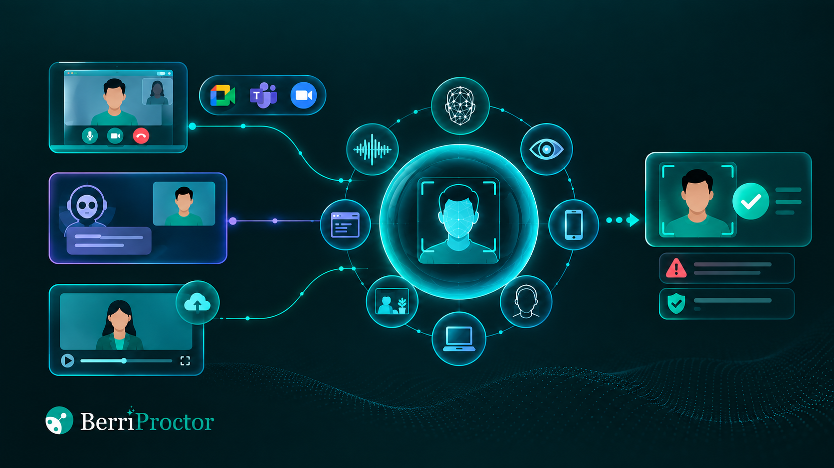Visual representation of Berri Proctor, a proctoring tool for monitoring live, AI-led, and recorded interviews using multiple detection layers.
