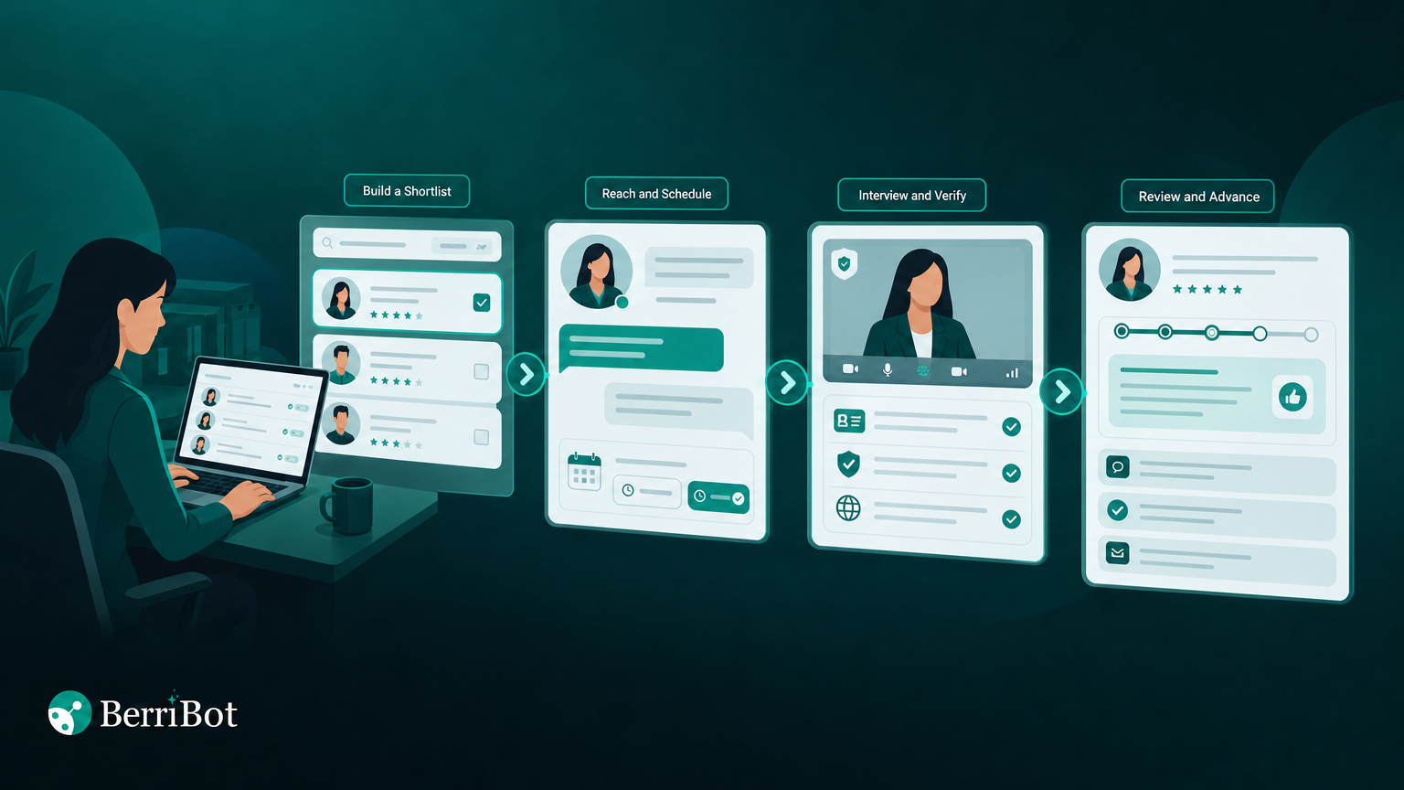 Illustration of the Berri 360 flow from shortlist and scheduling to verified interview and recruiter review.