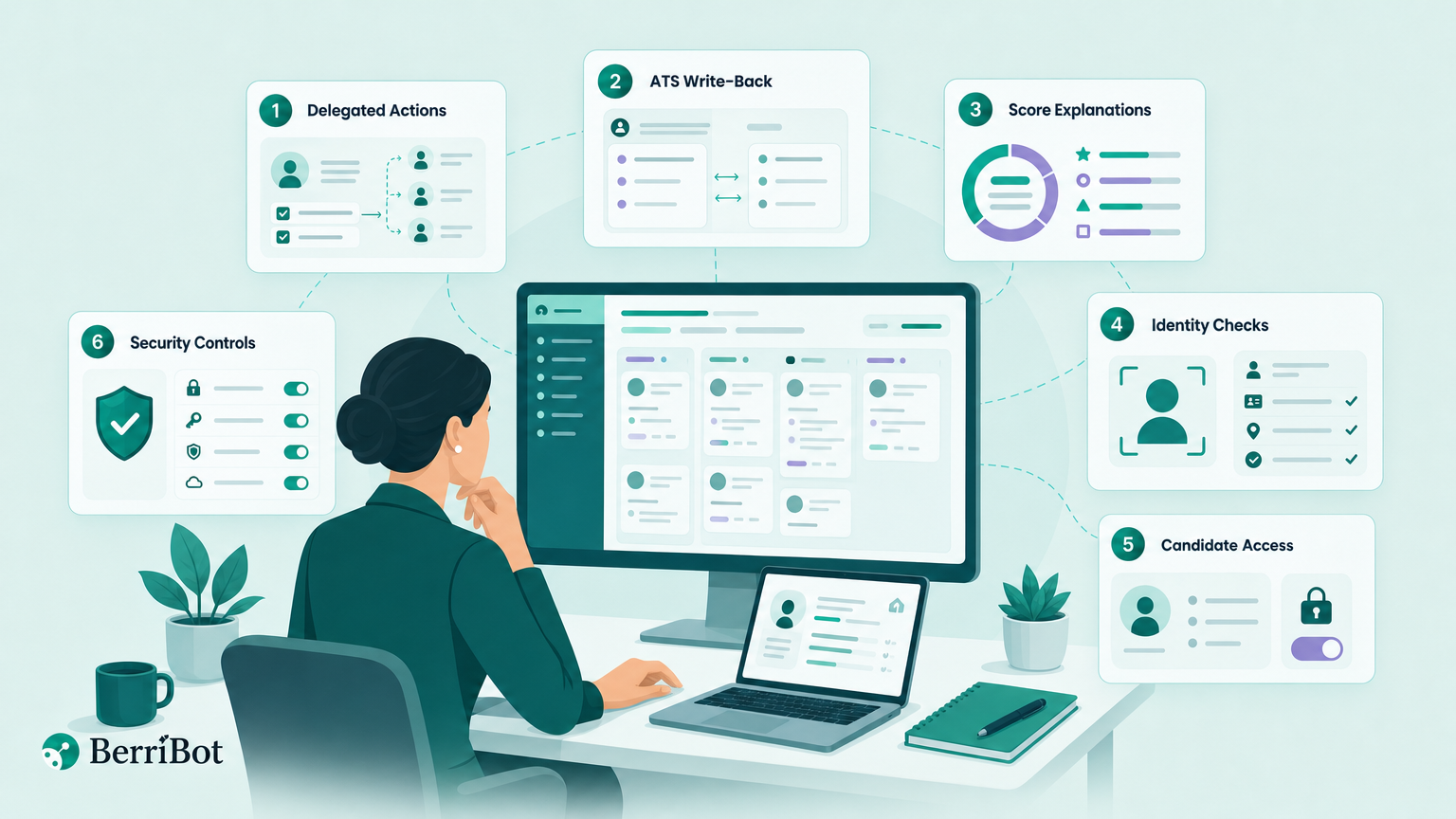 Illustration of a Recruitment Ops Lead evaluating AI recruiting tools with a six-part buyer checklist.