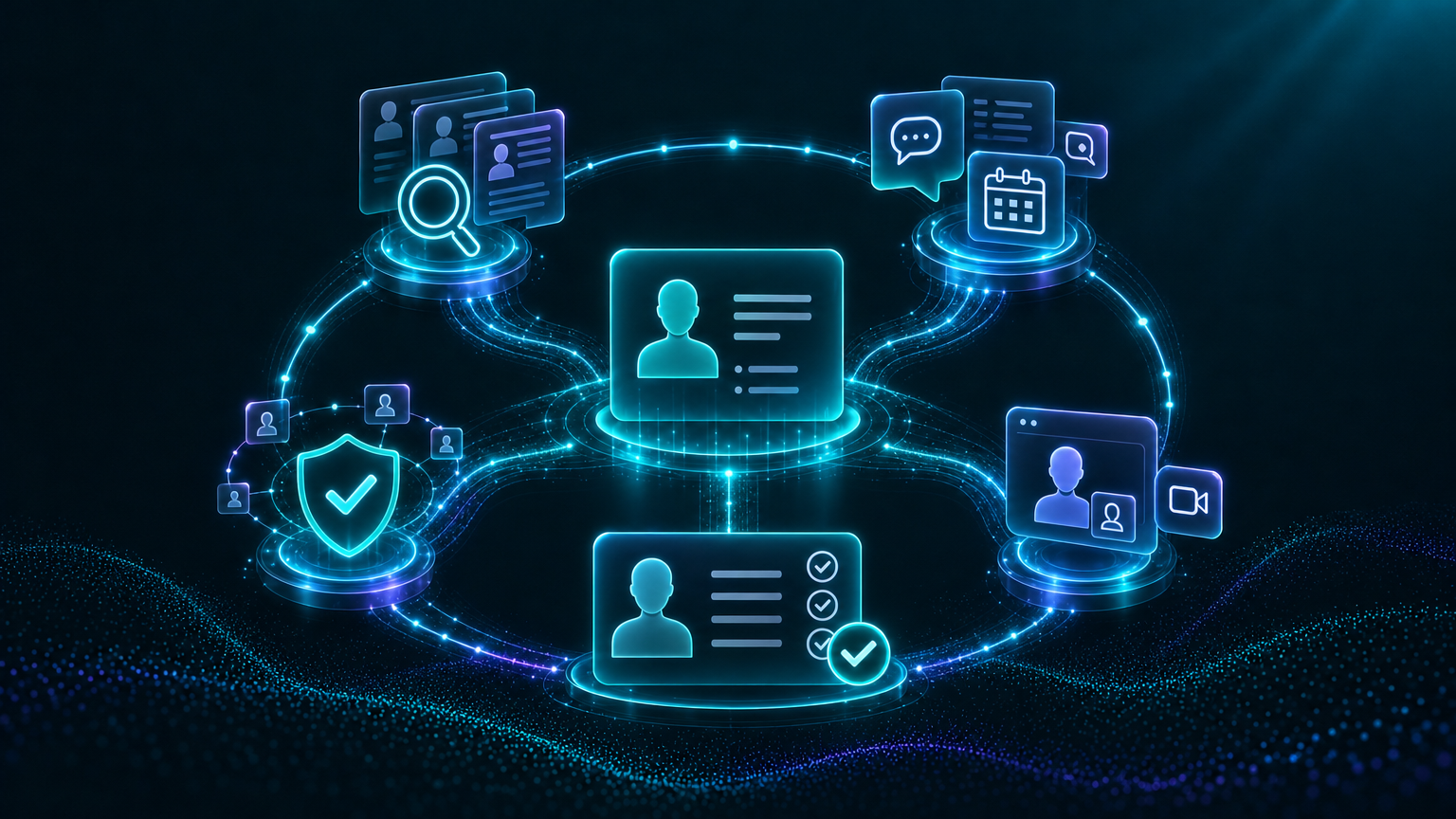 Connected hiring stages carry a candidate signal to a verified interview and human review.