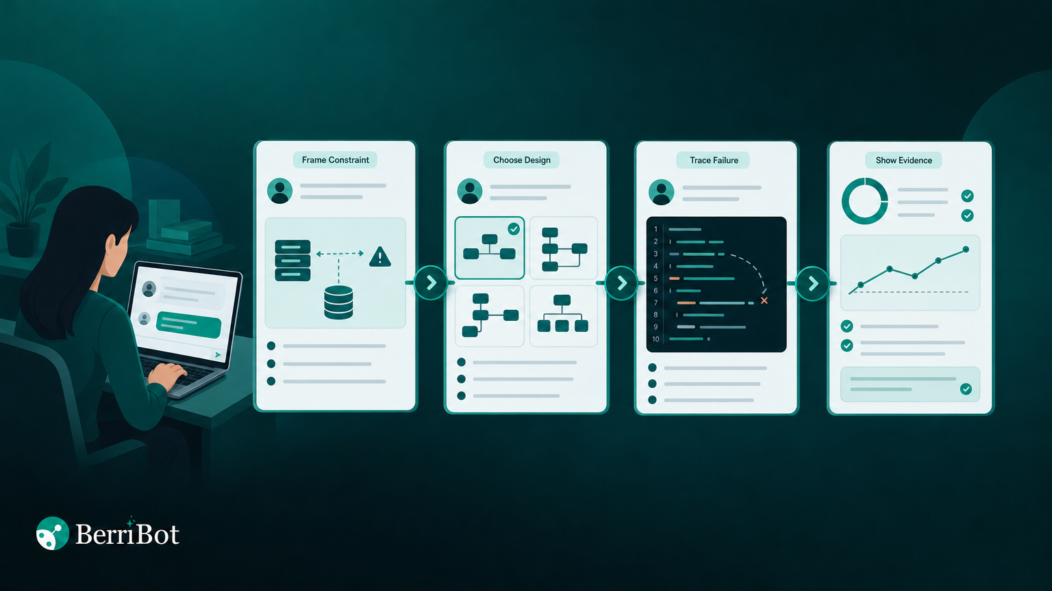Illustration of four interview preparation screens moving from a scenario constraint through a design choice and failure path to measurable evidence.