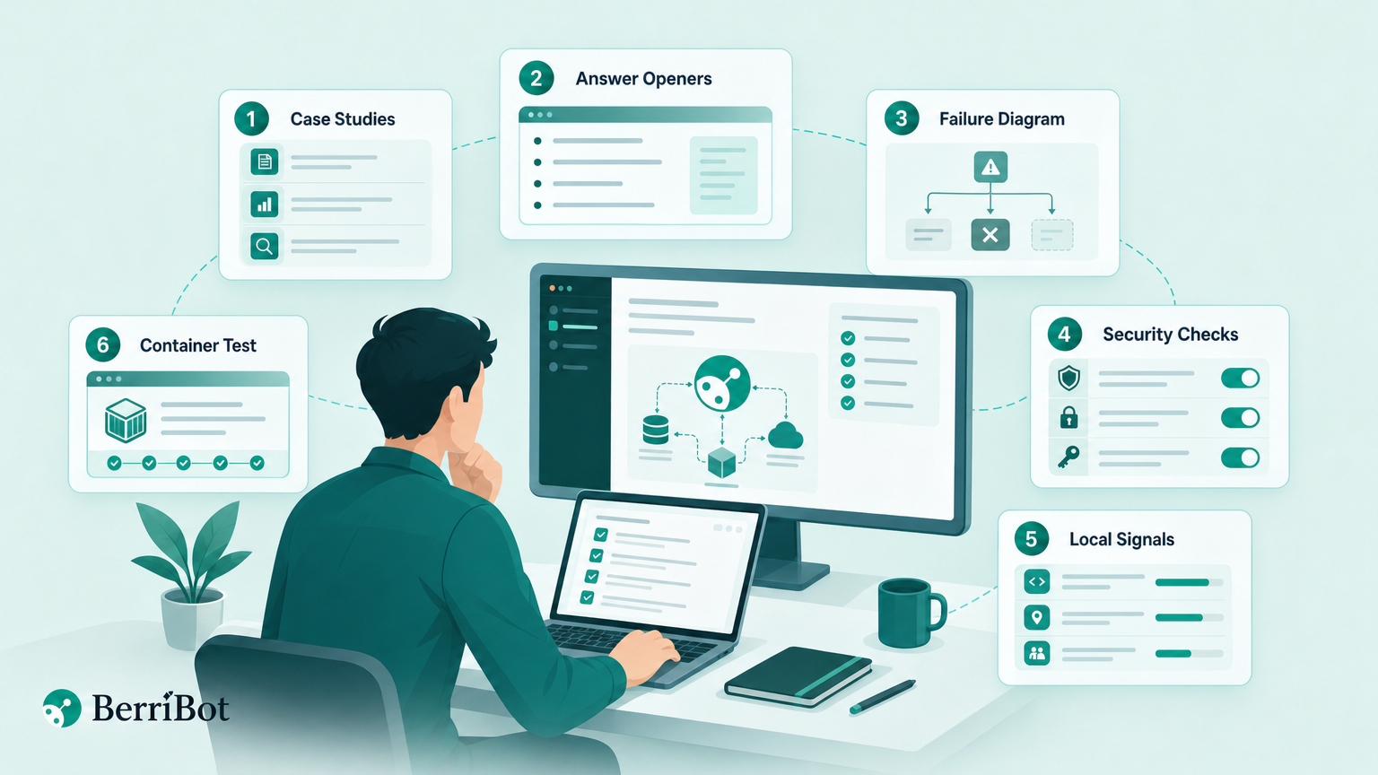 Illustration of a six-item final preparation checklist covering case studies, answer openers, failure diagrams, security, local signals and a container test.