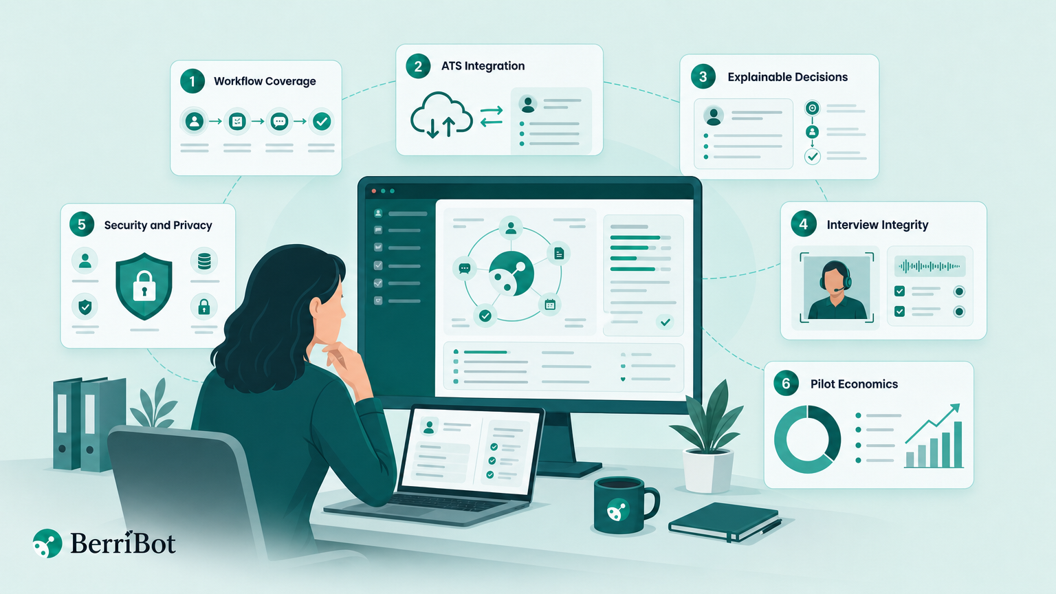 Illustration of an enterprise TA leader evaluating AI hiring software with a six-part procurement checklist.