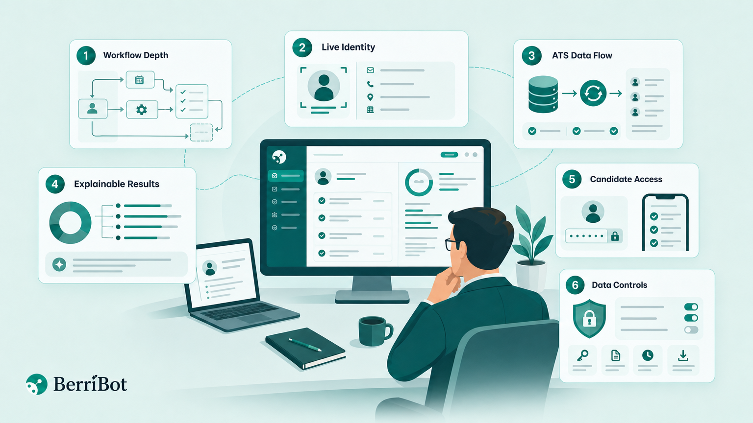 Illustration of an enterprise TA leader evaluating an agentic AI recruiting platform against six buying criteria.