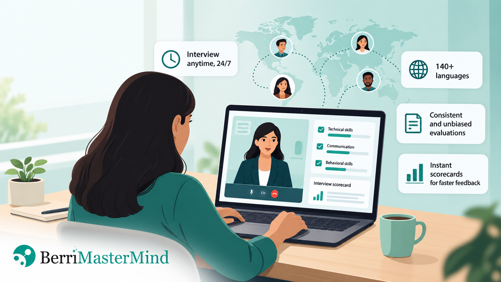 Visual representation of Berri MasterMind capabilities. Faster, consistent interviews reduce candidate ghosting.