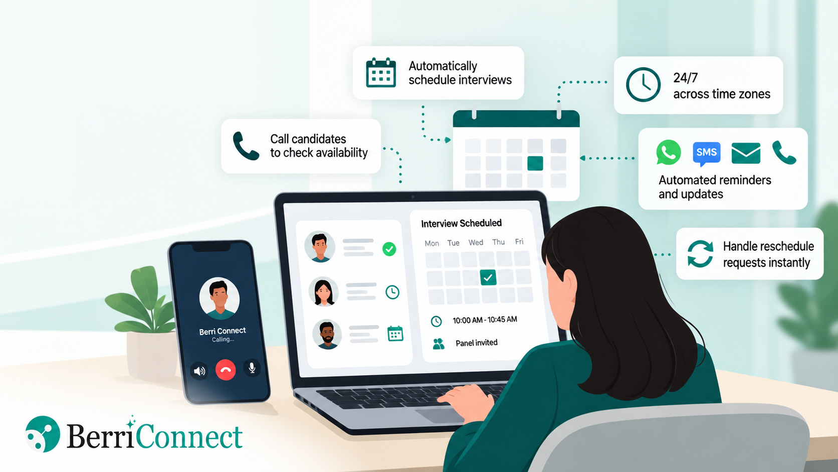 Visual representation of Berri Connect scheduling candidate interviews and sending timely updates to reduce candidate ghosting.